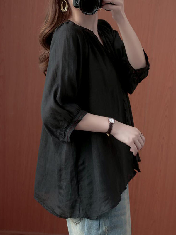 xakxx Simple Casual Solid Buttoned Pleated Blouse