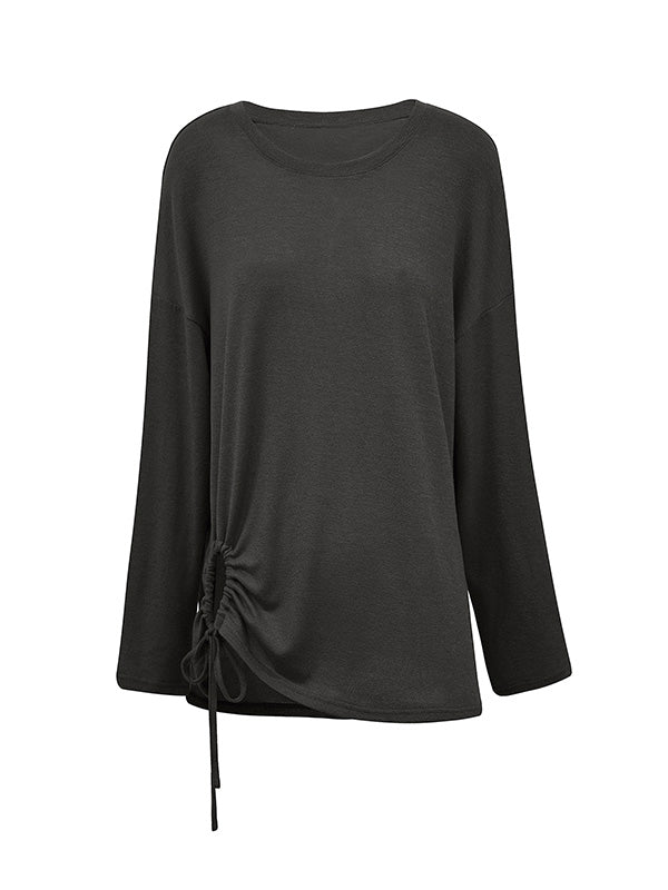 xakxx Long Sleeves Loose Asymmetric Drawstring Hollow Solid Color Round-Neck T-Shirts Tops