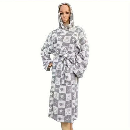 Contemporary Hooded Bathrobe - Pack of 1, Plaid Print Coral Fleece Loungewear Robe, Super Absorbent Polyester Blend, Cartoon Themed, Knit Fabric, 300gsm, Four Seasons Suitable for Bathroom, Bedroom, Swimming Pool