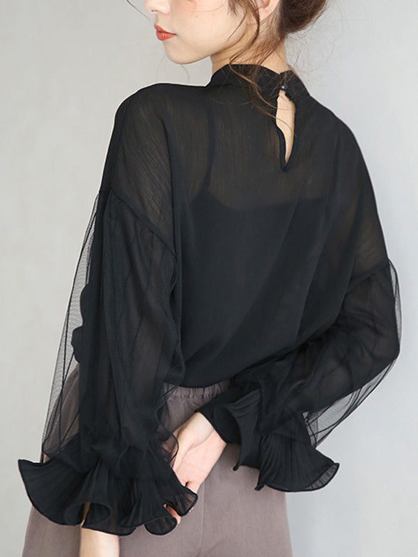 xakxx Simple Solid Color Puff Sleeve Mesh Splicing Chiffon Shirt