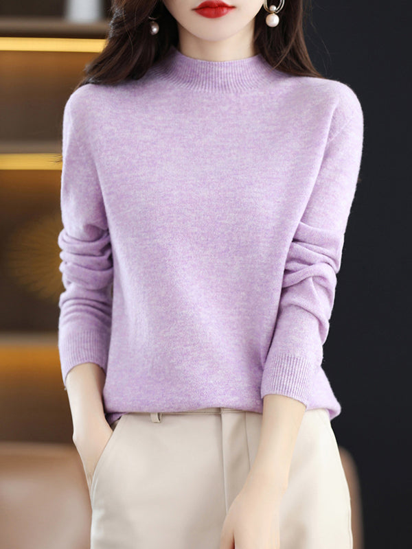 xakxx Office Long Sleeves Solid Color High-Neck Sweater Tops Pullovers