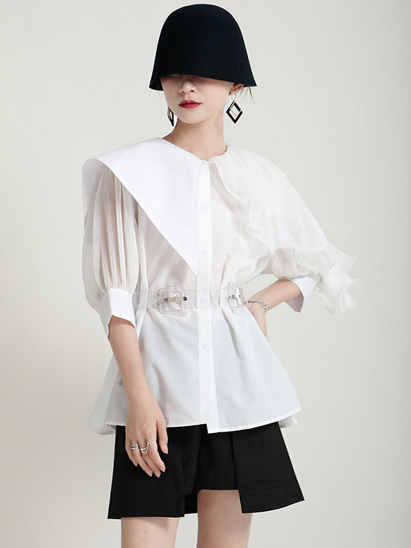 xakxx Stylish Asymmetric Split-Joint Falbala With Belted Half Sleeves Blouses