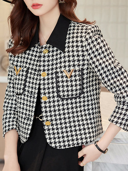 xakxx Long Sleeves Plus Size Buttoned Houndstooth Pockets Split-Joint Lapel Outerwear