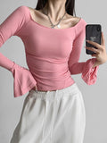 xakxx Flared Sleeves Long Sleeves Pleated Solid Color Boat Neck T-Shirts Tops