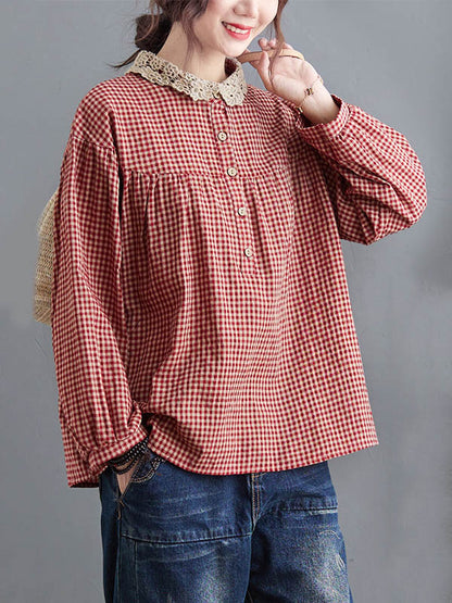 xakxx Plaid Ramie Cotton Plus Szie Long Sleeve Shirts