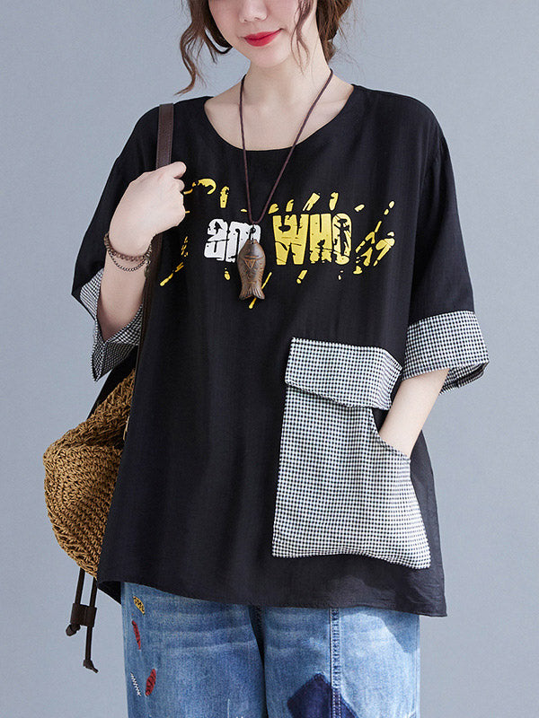 xakxx Original Letter Print Split-Joint Round-Neck T-Shirts Tops