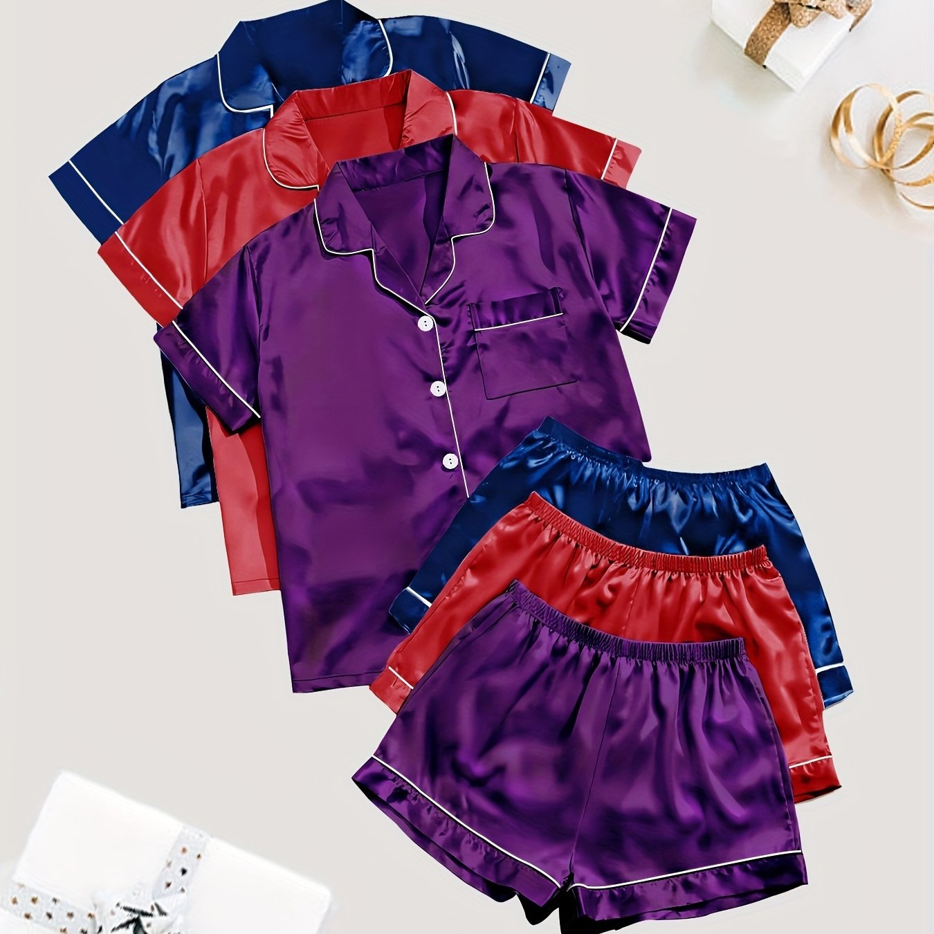 3-Pack Solid Satin Womens Pajama Set - Lightweight & Soft Short Sleeve Lapel Tops with Elastic Shorts - Stylish Sleepwear for Casual Lounging, Comfy Nighttime Elegance