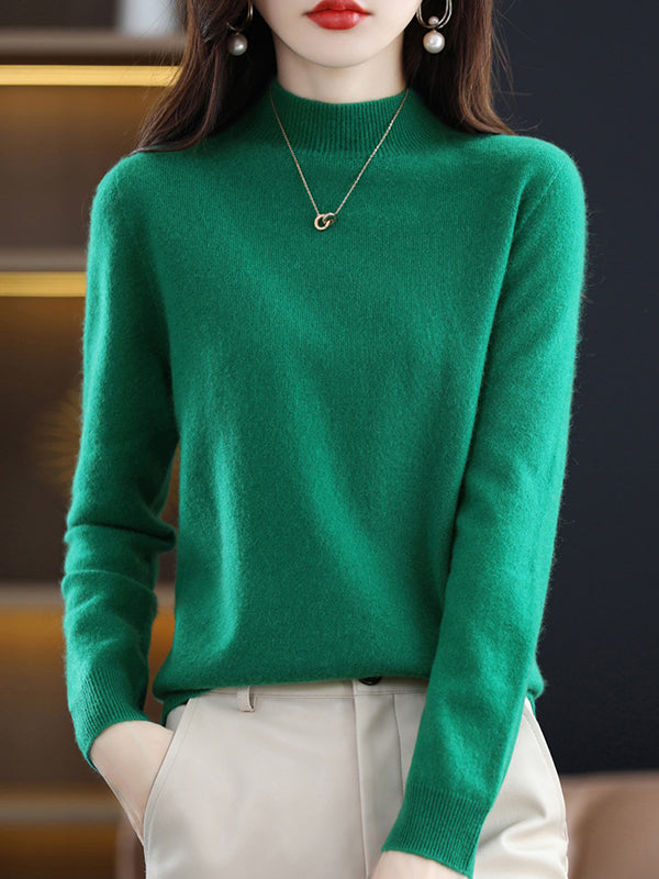 xakxx Office Long Sleeves Solid Color High-Neck Sweater Tops Pullovers