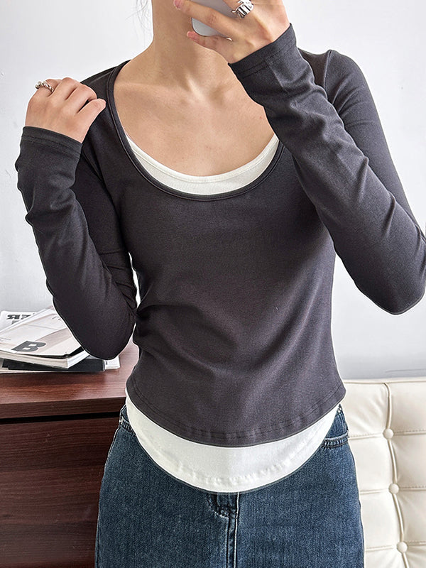 xakxx False Two Long Sleeves Contrast Color Round-Neck T-Shirts Tops