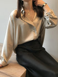 xakxx Satin V-Neck Loose Solid Color High-Low Long Sleeve Shirts