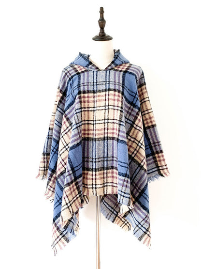 xakxx Fringed Hooded Keep Warm Plaid Cape Shawl&Cloak