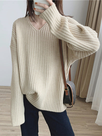 xakxx Casual Long Sleeves Loose Solid Color V-Neck Sweater Tops