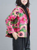 xakxx Artistic Retro Velvet Floral Printed Zipper Hooded Long Sleeves Outwear
