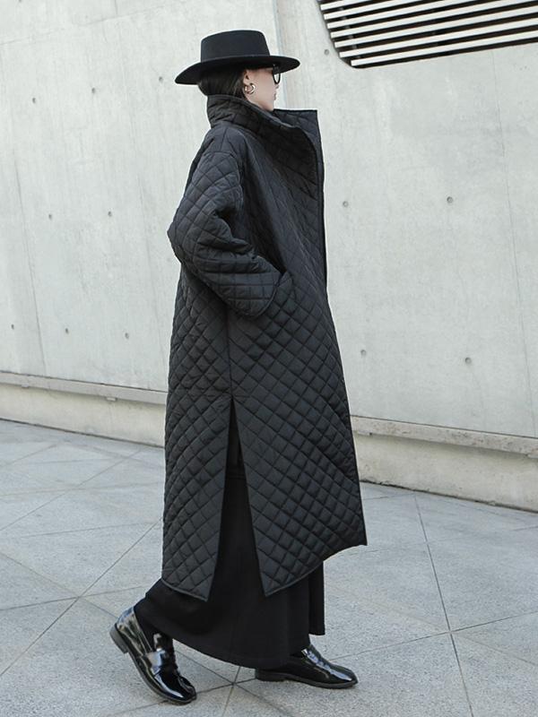 xakxx Black Rhombic Split-Side High Collar Long Coat