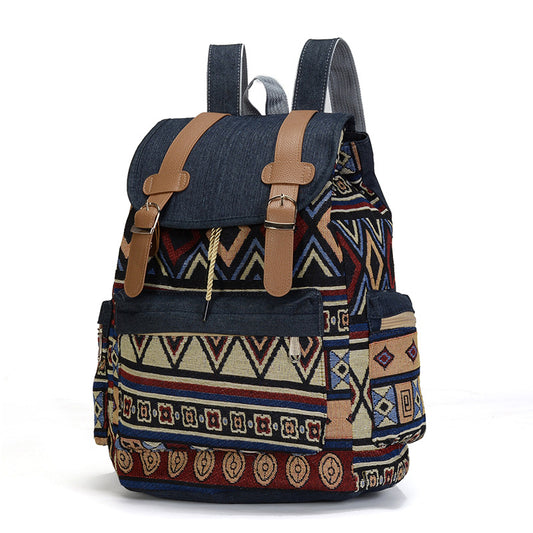 One Piece Dropshipping New Ethnic Style Women's Backpack Denim Contrast Color Backpack Large Capacity Leisure Student Bag