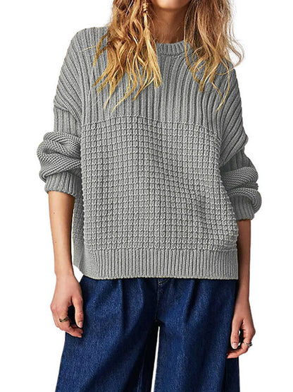 xakxx Long Sleeves Loose Solid Color Round-Neck Pullovers Sweater Tops