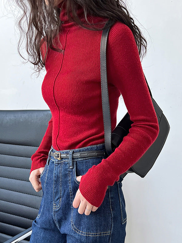 xakxx Long Sleeves Skinny Solid Color High Neck Pullovers Sweater Tops