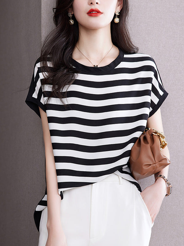 xakxx Loose Plus Size Contrast Color Striped Round-Neck T-Shirts