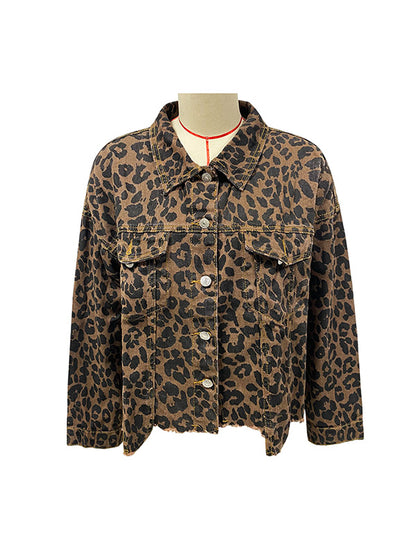 xakxx Long Sleeves Loose Buttoned Fringed Leopard Pockets Lapel Outerwear