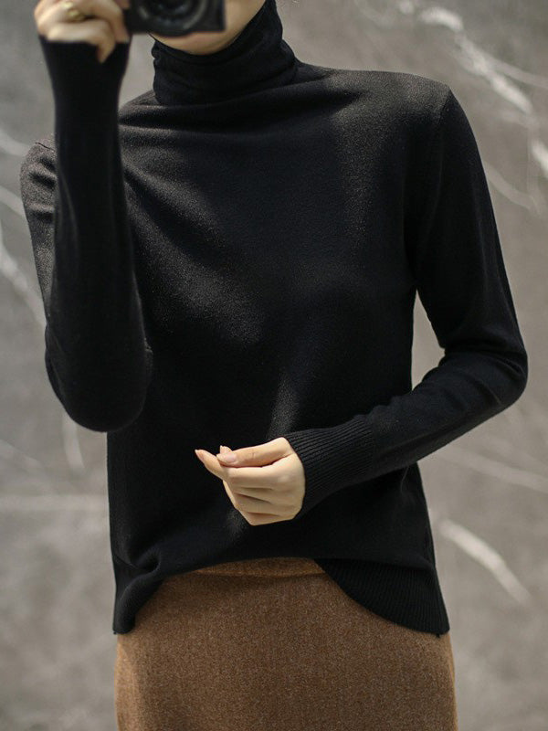 xakxx Solid Color Heaps Collar Long Sleeve Knitwear Tops