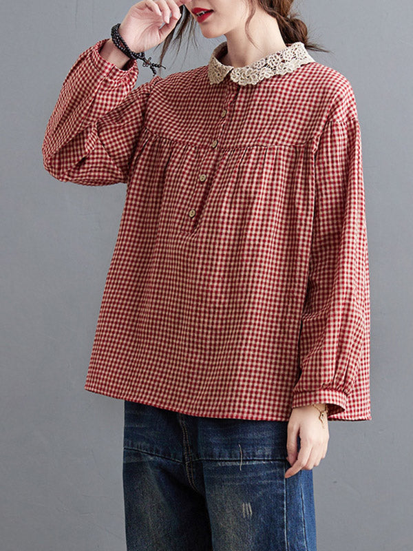 xakxx Plaid Ramie Cotton Plus Szie Long Sleeve Shirts