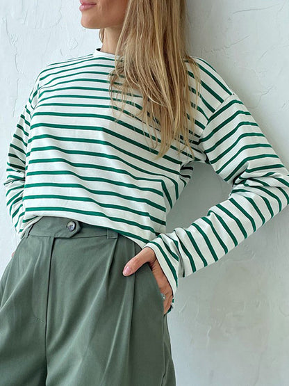 xakxx Long Sleeves Loose Striped Round-Neck T-Shirts Tops