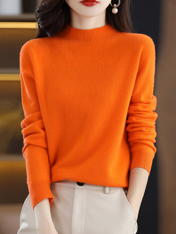 xakxx Office Long Sleeves Solid Color High-Neck Sweater Tops Pullovers