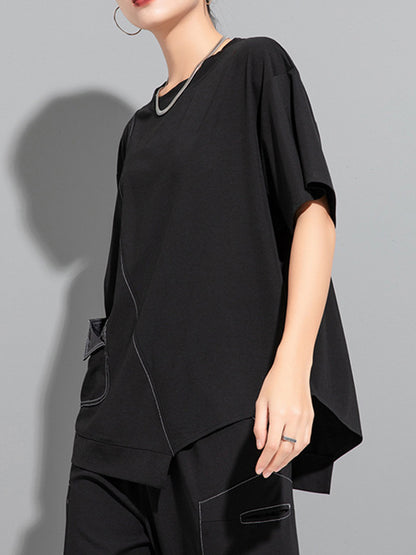 xakxx Loose Short Sleeves Asymmetric Solid Color Split-Joint Round-Neck T-Shirts Tops