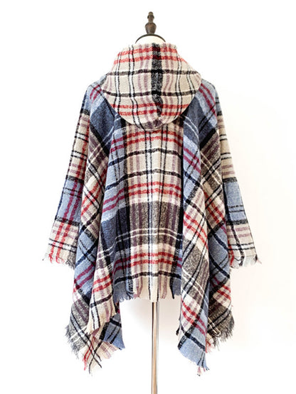 xakxx Fringed Hooded Keep Warm Plaid Cape Shawl&Cloak