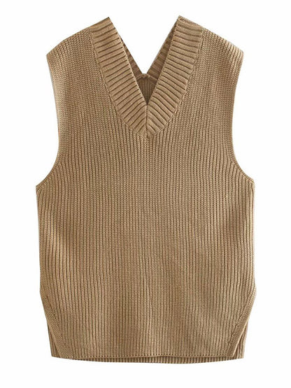 xakxx 4 Colors V-Neck Simple Split-Side Sleeveless Knitted Vest