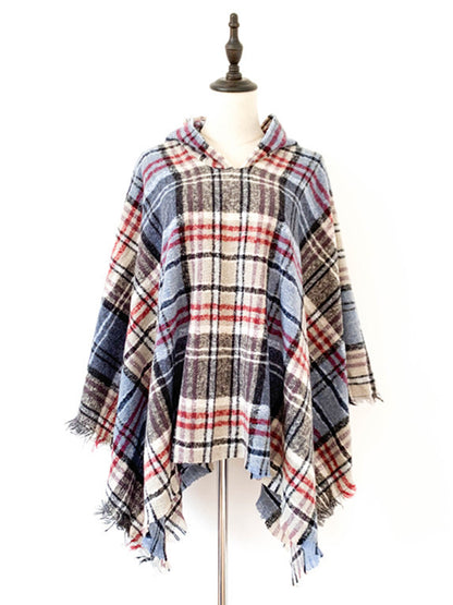 xakxx Fringed Hooded Keep Warm Plaid Cape Shawl&Cloak