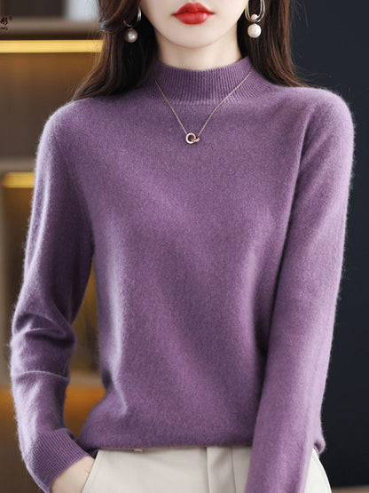 xakxx Office Long Sleeves Solid Color High-Neck Sweater Tops Pullovers