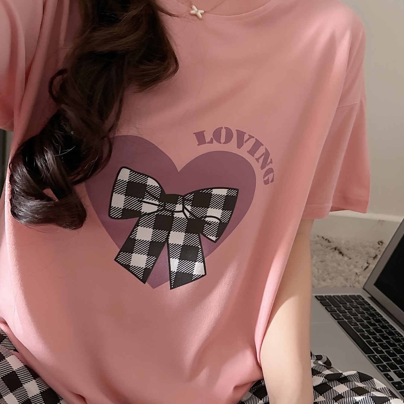 Womens Pajama Set - Adorable Heart & Plaid Bow & Letter Print, Ultra-Casual Loose Fit, Short Sleeve Round Neck Top & Shorts, Comfortable Relaxed Fit for a Restful Sleep - Complete Set for a Coordinated Look