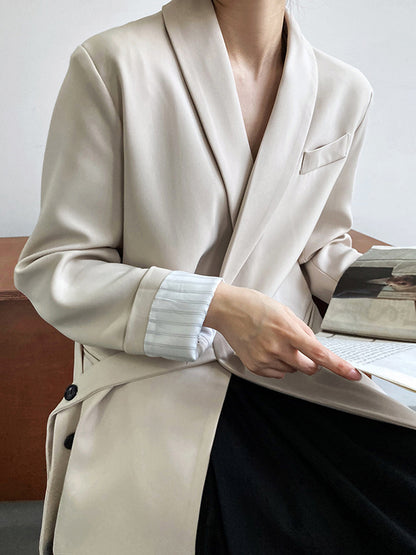 xakxx Long Sleeves Loose Asymmetric Buttoned Pockets Solid Color Tied V-Neck Blazer Outerwear