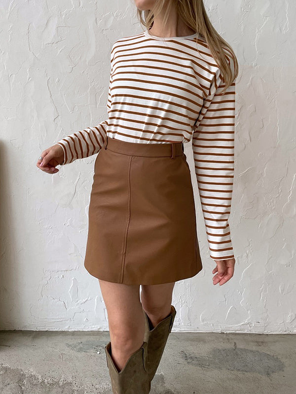 xakxx Long Sleeves Loose Striped Round-Neck T-Shirts Tops