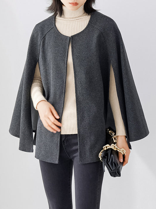 xakxx Casual Loose Solid Color Round-Neck Cape Outerwear