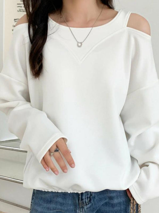 xakxx Long Sleeves Loose Hollow Solid Color Cold Shoulder T-Shirts Tops