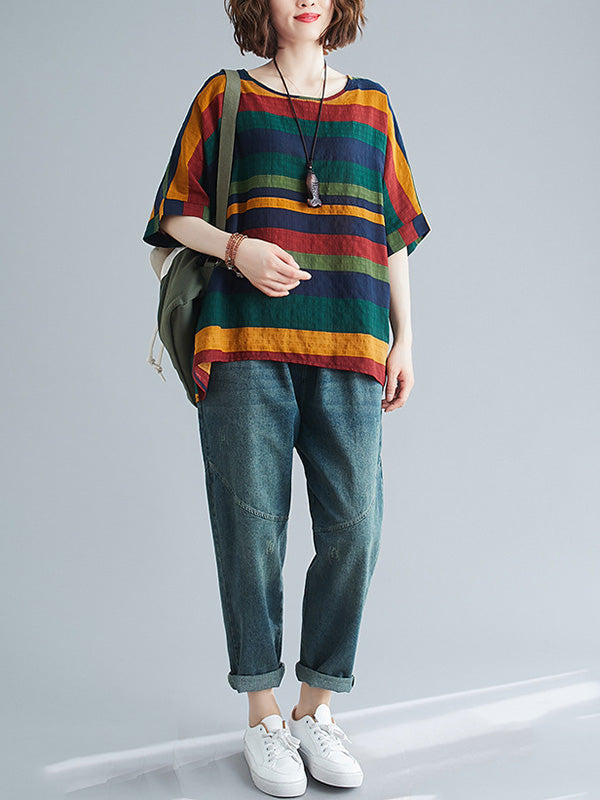 xakxx Rainbow Stripe Batwing Sleeves T-Shirts Tops