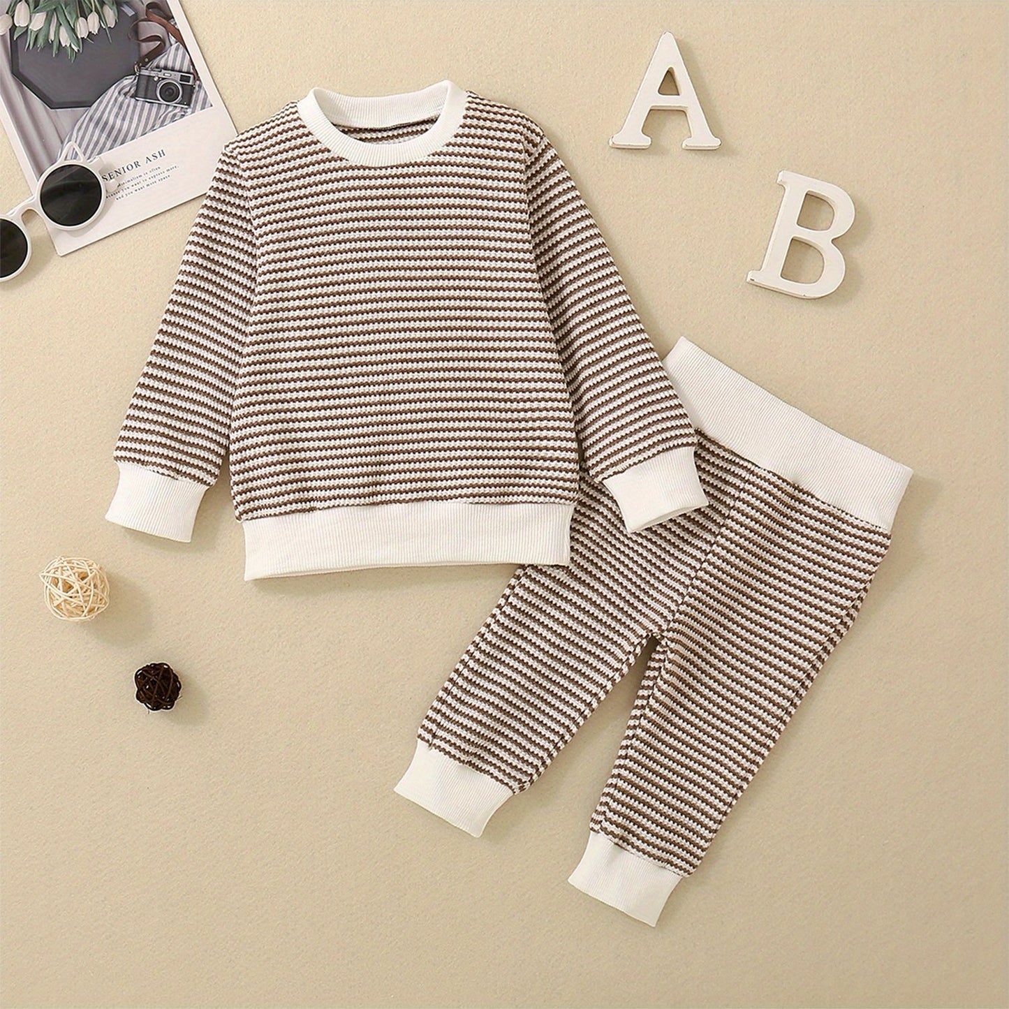 2-Piece Toddler Layette Set - Soft Waffle Stripe Long Sleeve Sweatshirts and Cozy Long Pants for Baby Boys Fall Outfits - 3M-3T Size, Comfortable and Adorable Clothing for Daily Wear