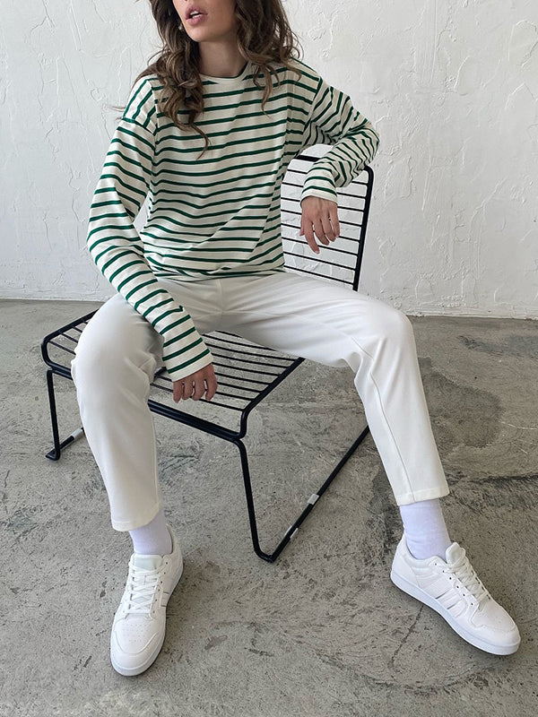 xakxx Long Sleeves Loose Striped Round-Neck T-Shirts Tops