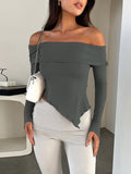 xakxx Irregular Clipping Long Sleeves Solid Color Off-The-Shoulder T-Shirts