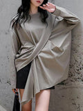 xakxx Long Sleeves Loose Asymmetric Solid Color Round-neck T-Shirts Tops