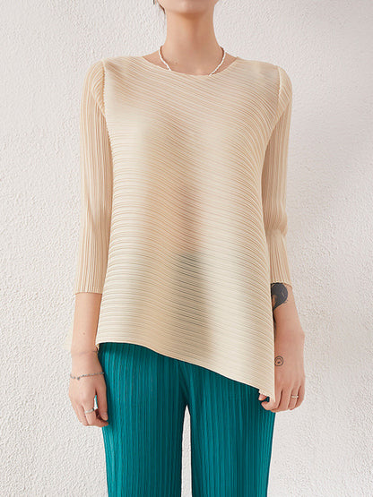 xakxx Simple Three-Quarter Sleeves Loose Pleated Solid Color Round-Neck T-Shirts Tops