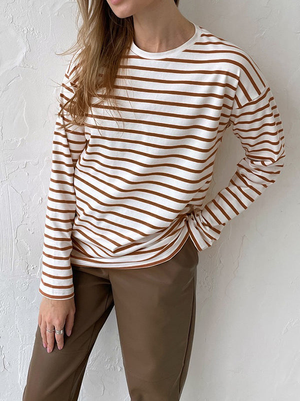 xakxx Long Sleeves Loose Striped Round-Neck T-Shirts Tops