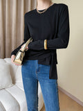 xakxx Long Sleeves Asymmetric Bowknot Solid Color Round-Neck T-Shirts Tops