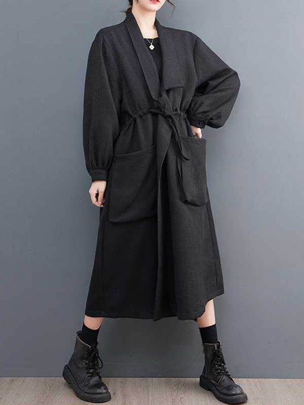 xakxx Long Sleeves Loose Drawstring Pockets Lapel Trench Coats