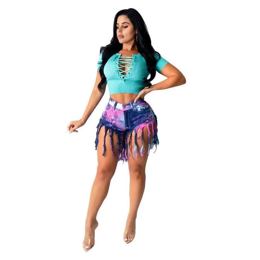 Tassel Brushed Tie Dyed Imitation Denim Shorts, Women's Jeans, Casual Pants