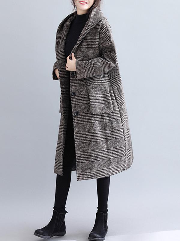 xakxx Loose Plaid Woolen Hood Coat