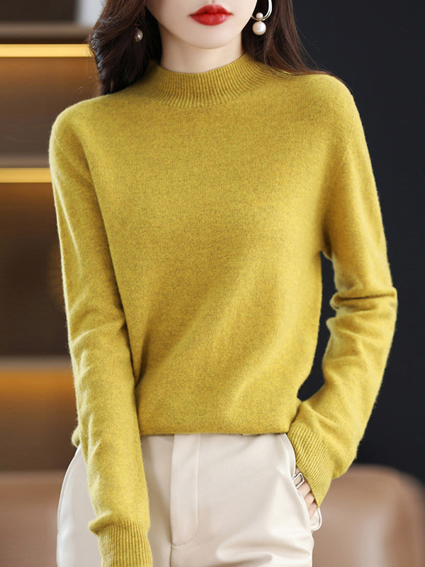 xakxx Office Long Sleeves Solid Color High-Neck Sweater Tops Pullovers