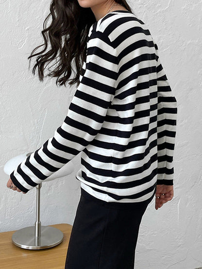 xakxx Long Sleeves Loose Split-Joint Striped Round-Neck Sweater Tops